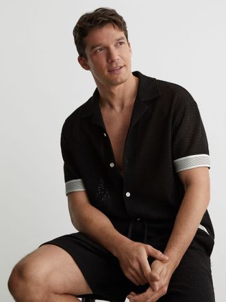 Reiss Black Cotton-blend Tape-trim Crochet Shirt, Xxl