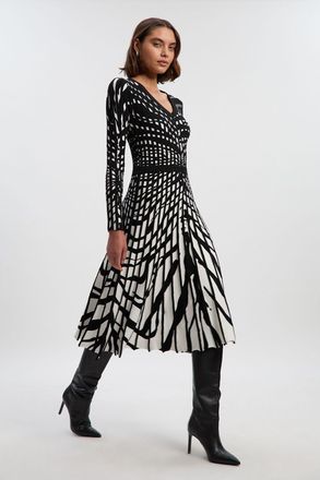 Karen Millen Womens Zebra Jacquard Knit Full Skirted Midi Dress - Monochrome Multi - Size X-Small