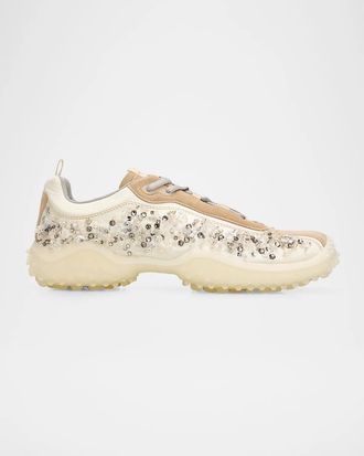 Miu Miu Embellished Suede and Canvas Low-Top Sneakers