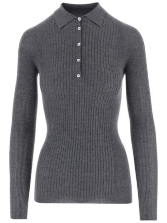 SA SU PHI Gray Ribbed Cashmere-Silk Polo Shirt