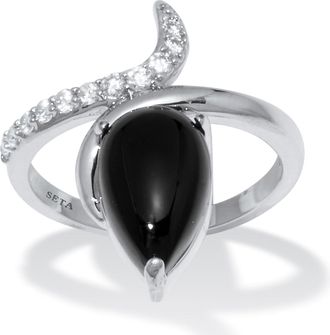 Palm Beach Jewelry Teardrop Genuine Onyx and Cubic Zirconia Silvertone Ring
