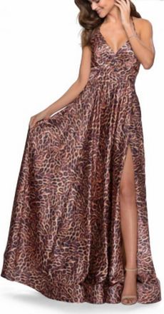 La Femme Spaghetti Strap Gown In Leopard Print