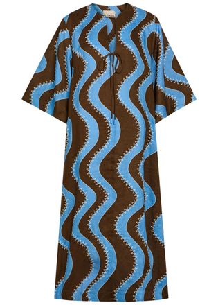Alemais Alemais Frankie Wavy-print Linen Midi Dress - Blue - 16 (UK16 / XL)
