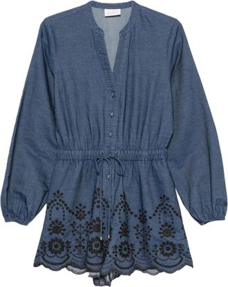 MC2 Saint Barth V-neck Puff Sleeve Romper with Intricate Floral Embroidery