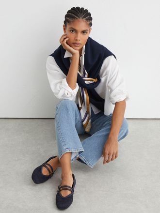 Reiss Navy Suede Croc-embossed Ballet Flats, X09