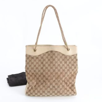Gucci Beige Leather Canvas Handbag Shoulder Bag Tote Bag (Pre-Owned)