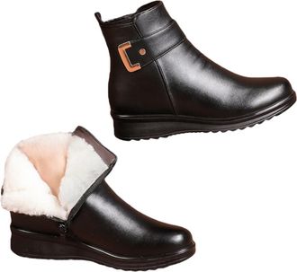 Generic Womens Metal Buckle Genuine Leather Wool Orthopedic Boots, Comfortable Warm Casual Non-slip Side Zipper Snow Boots for Women (Black Wool,10.5)