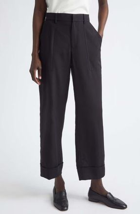 Lafayette 148 New York Highline Stretch Silk Cr&ecirc;pe de Chine Ankle Straight Leg Pants in Black at Nordstrom, Size 12