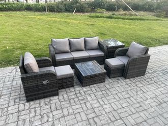 Fimous Garden Furniture Sets 7 Seater Wicker Rattan Furniture Patio Sofa Sets with Reclining Chair 3 Seater Sofa Side Table in Dark Grey