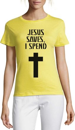 Generic Jesus Saves I Spend Cross Graphic Crew Neck Cotton Womens T-Shirt Yellow Large