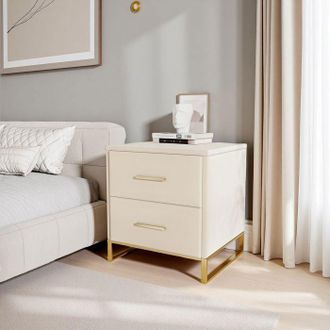 OEM Mesita De Noche, Lote De 2, Con 2 Cajones, Base Electrochapada En Oro, Estilo Moderno, Dormitorio, Terciopelo, Beige