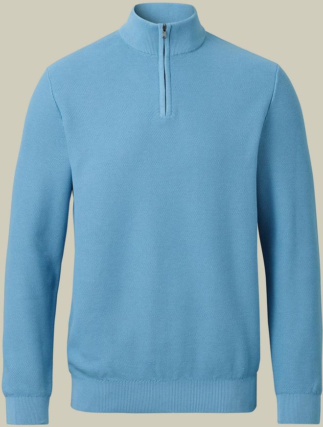 Honeycomb Cotton Zip Neck Jumper - Ocean Blue Size XXL by Charles Tyrwhitt