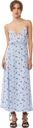 Ganni Printed Georgette Strap Wrap Dress in Brunnera Blue Size 16 Viscose Womens