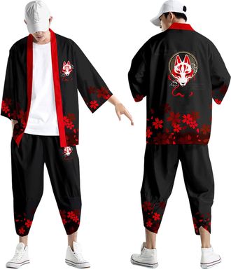 Generic Traditional Kimono Set for Men Japanese Kimono Cardigan Suit Japanese Style Kimono Mens Pajamas Suit Long Sleeve Cardigan Trousers Set Seven Quarter S