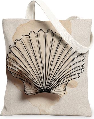 Generic Minimalistic Shell Canvas Tote Bags, Artistic Ocean Design Reusable Grocery Bags, Lightweight Washable Shoulder Strap, Beige, 13x15 Inch