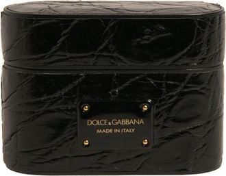 Dolce & Gabbana Black Leather Metal Logo Plaque Holder Airpods Case Caiman Accessory