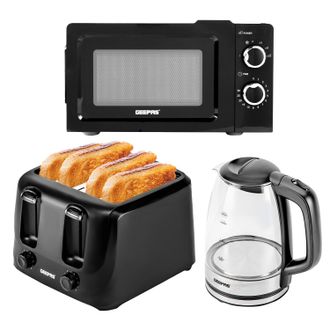Geepas 1.7L Illuminating Kettle & Toaster Set with 20L Microwave Oven in Black