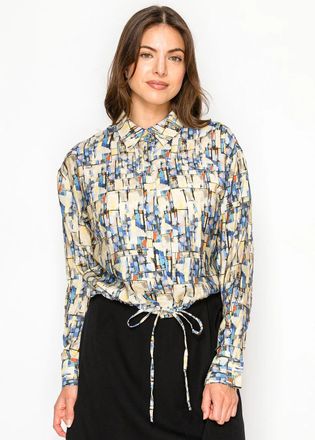 YAL New York Modest Multi Print Button Down Blouse