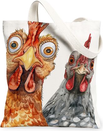 Generic Fanciful Bird Canvas Tote Bags, Funny Chicken Pattern Reusable Grocery Bags, Lightweight Washable Shoulder Strap Canvas for, White, 13x15 Inch
