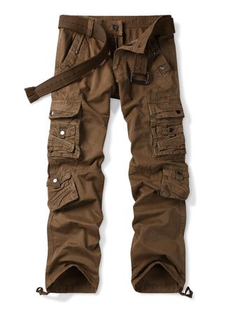 OCHENTA Mens Cotton Casual Cargo Work Pants Baggy Travel Hiking with Multi Pockets (No Belt), Brown, 36