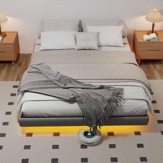 Matteo Grey Floating King Metal Bed Frame with LED Lights & Storage | Size: EU King