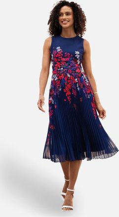 Yumi Printed Pleated Midi Dress in Navy at Nordstrom, Size 14