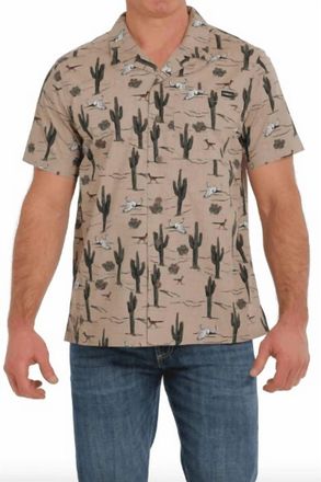 Cinch Cactus Print Short Sleeve Camp Shirt In Khaki