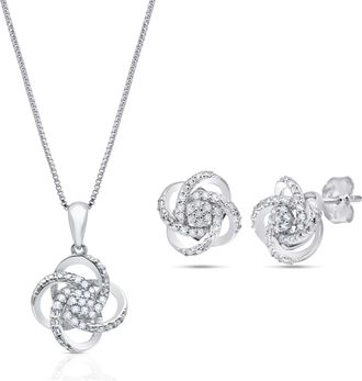 MAX + STONE Sterling Silver 1/4 Carat Natural Diamond Love Knot Earrings & Pendant Necklace