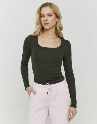 Tally Weijl Langarmshirt TALLY WEIJL STSCOORLA, Damen, Gr. L, deep khaki, Jersey, Obermaterial: 100% Baumwolle, unifarben, figurbetont taillenbedeckt, tiefer Rund