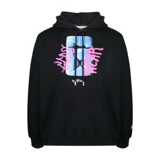 GCDS Hoodies, male, Black, Size: L Black Graffiti Loose Hoodie