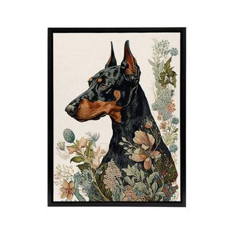 Artery8 Doberman Dog With Wild Flowers Boho Framed Canvas Wall Art Print | Size: W24 x H32