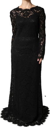 Dolce & Gabbana Black Lace Long Sleeves Cotton Maxi Womens Dress