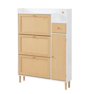 Urban Meuble Zapatero de madera y rat&aacute;n con 3 puertas abatibles y 1 caj&oacute;n