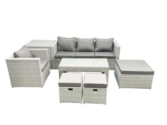 Fimous Rattan Garden Furniture Set Outdoor Lounger Sofa with Coffee Table 3 Footstools Side Table Light Grey Mixed