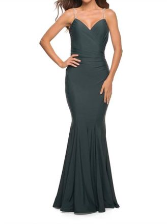 La Femme Stone Strap Godet Gown In Dark Emerald
