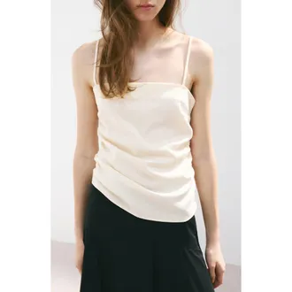Mango Ruched Square Neck Camisole in Ecru at Nordstrom, Size Medium