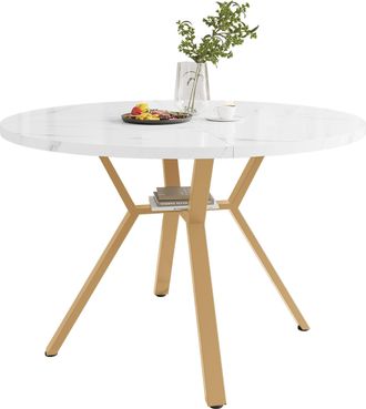 STILVORA Tavolo Da Pranzo Rotondo In Mdf E Acciaio Con Motivo Marmoreo, Gambe Incrociate - 100&times;100&times;75 Cm, Bianco E Oro
