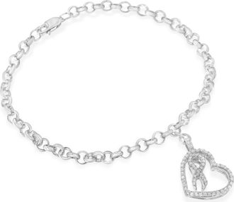 House of Brilliance 925 Sterling Silver 1/4 Cttw Diamond-Accented Heart and Ribbon Charm Link Chain Bracelet at Nordstrom