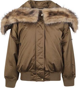 Michael Kors Faux Fur-Trimmed Satin Cir&eacute; Hooded Bomber Jacket - Dames - Winterjassen - Bruin - S - Polyester - Jassen
