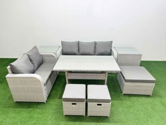Fimous 8 Seater PE Rattan Wicker Garden Furniture Patio Conservatory Sofa Set w/ Rectangular Dining Table 3 Seater Sofa Love Sofa 3 Stool 2 Side