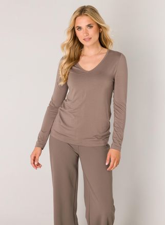 Base Level Langarmshirt BASE LEVEL, Damen, Gr. 36, grau (schwarz taupe), Web, Obermaterial: 96% Viskose, 4% Elasthan, unifarben, regular fit normal, V-Ausschnitt