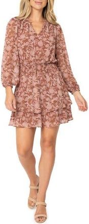 Gibsonlook Floral Long Sleeve Smock Waist Minidress in Brgndy Flrl Prt at Nordstrom Rack, Size Xx-Small