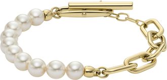 Fossil Womens Heritage Pearl D-Link Gold-Tone Stainless Steel Chain Bracelet