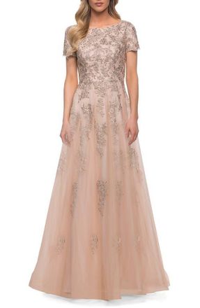 La Femme A Line Tulle and Lace Gown with Short Sleeves in Nude at Nordstrom, Size 16