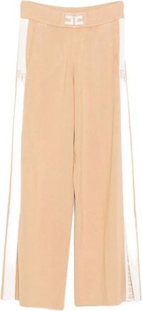 Elisabetta Franchi Wide Trousers, female, Beige, M, Beige Elasticated Waistband Trousers Logo Detailing