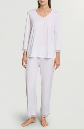 Hanro Inaya Tulle Trim Cotton Pajamas in White at Nordstrom, Size X-Small