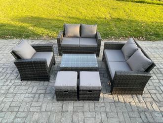 Fimous Rattan Garden Furniture Set 7 Seater Patio Outdoor Lounge Sofa Chair Set with Rectangular Coffee Table 2 Small Footstools in Dark Grey