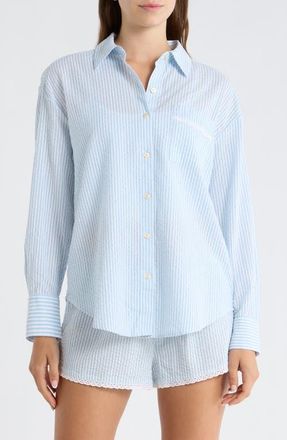 Open Edit Eyelet Trim Seersucker Cotton Pajama Top in White- Blue Hickory Stripe at Nordstrom, Size X-Large
