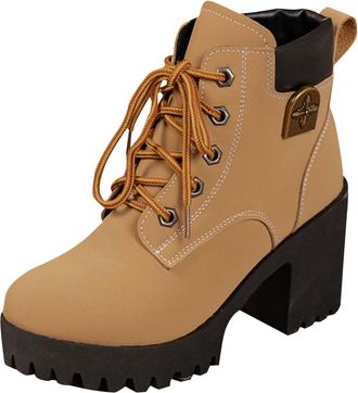 Generic Yolimok Ladies Boots Womens Lace Up Ankle Boots Comfortable Platform Chunky Heel Combat Booties Causal Round Toe Leather Booties Winter Insulated Non-