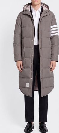 Thom Browne Piumino lungo in nylon con cappuccio e logo 4-bar